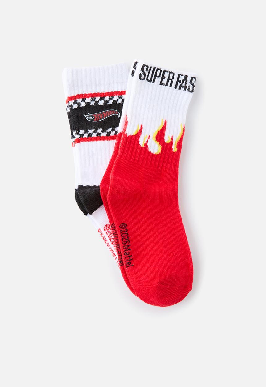 Cotton On - 2Pk Lcn Crew Sock - Lcn Mat Varsity Red Flames/Hot Wheels