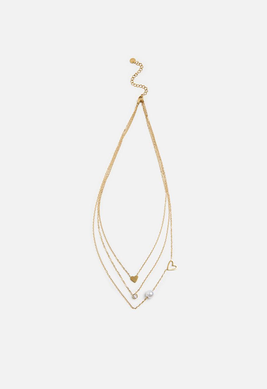 Zoe on Trend - Trendy Triple-Strand Pearl And Heart Necklace - Gold