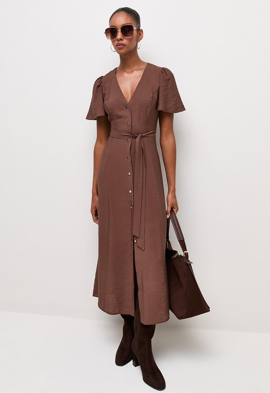 New Look - Jupiter button thru puff midi - Choc
