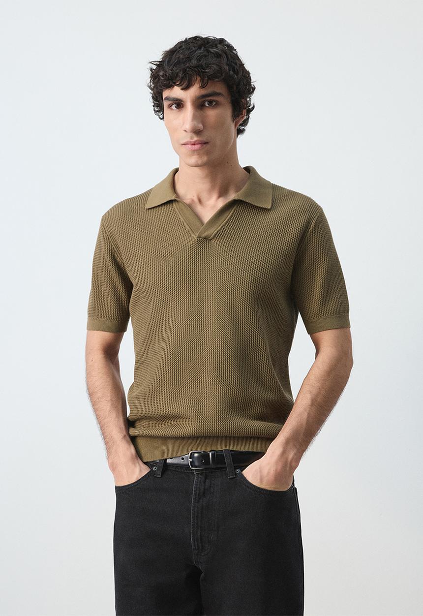 MANGO - Salas 100% cotton knitted polo structure - Beige/Khaki