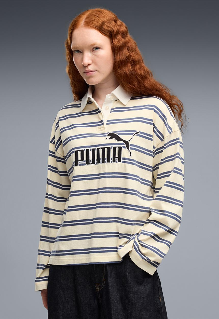 PUMA - Ess Elevated No. 1 Logo Oversized Striped Rugby Polo - Buttercream-Striped