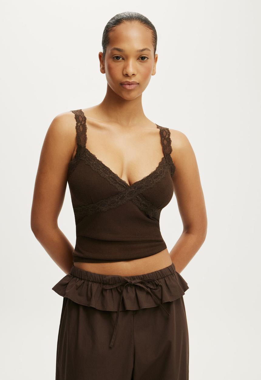 Cotton On - Sheer Lace Cami - Toffee Bean