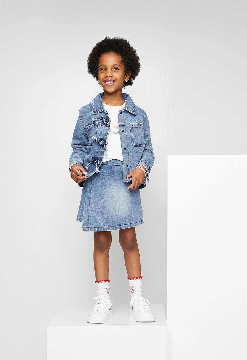 Pop Candy - Bow tie denim jacket and wrap skirt - blue