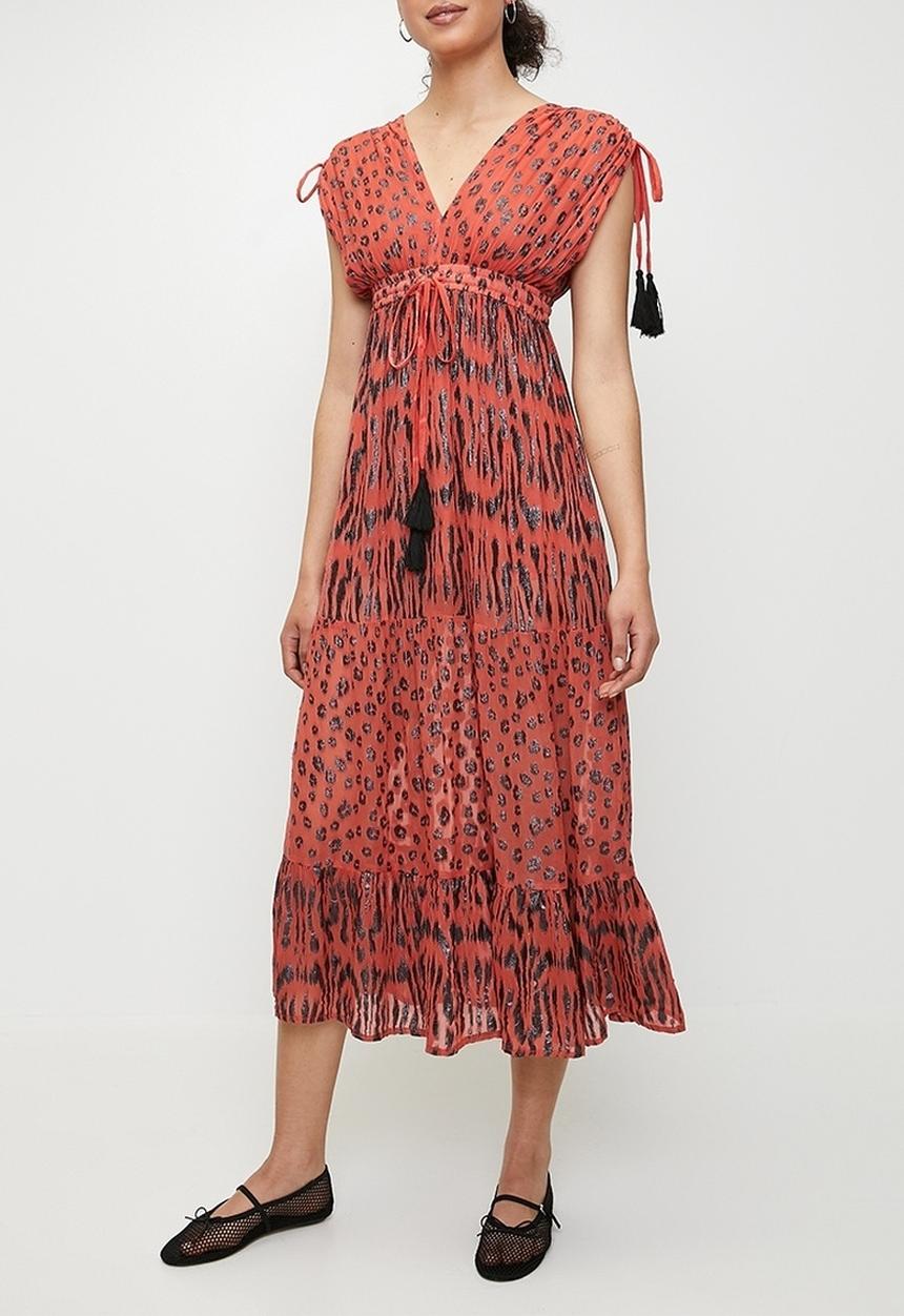Stella Morgan - V-neck Maxi a-line Dress with ruched waist - Red