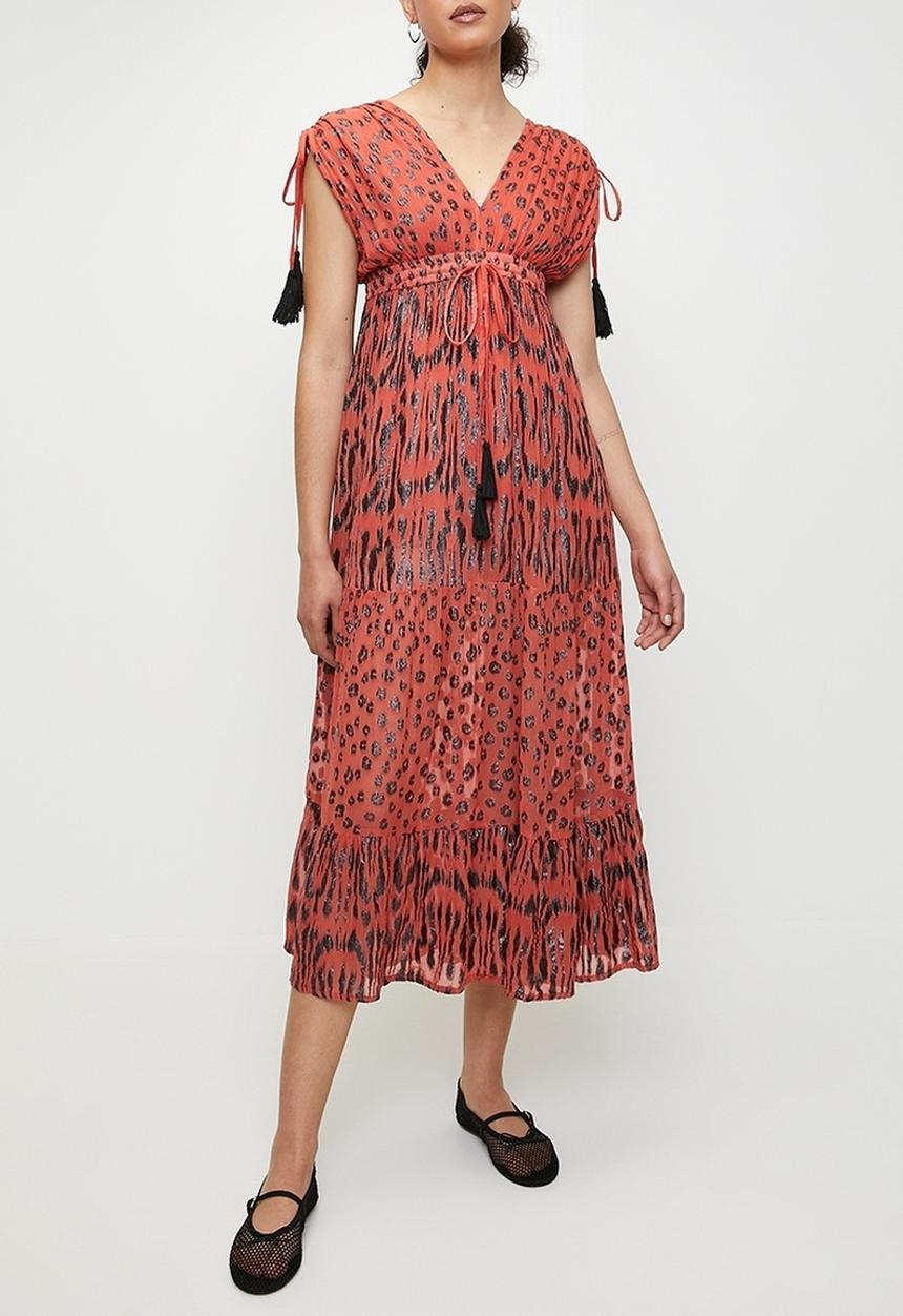 Stella Morgan - V-neck Maxi a-line Dress with ruched waist - Red