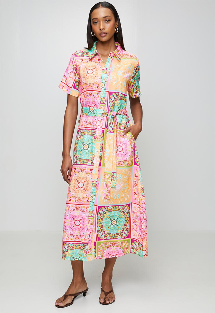 Stella Morgan - Half Sleeve Button Through Maxi A-Line Dress Hankerchief Border Print With Tie Belt - Multi