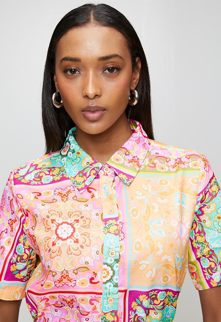 Stella Morgan - Half Sleeve Button Through Maxi A-Line Dress Hankerchief Border Print With Tie Belt - Multi