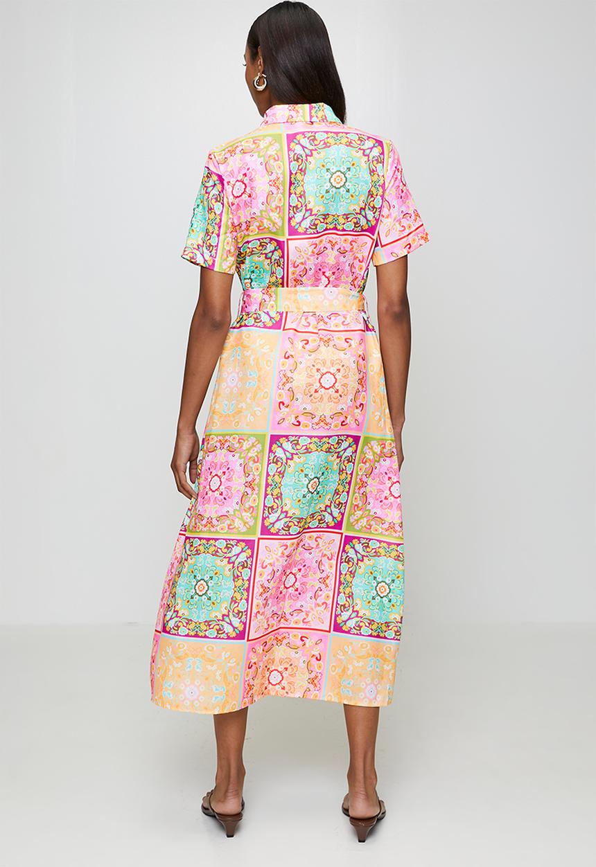 Stella Morgan - Half Sleeve Button Through Maxi A-Line Dress Hankerchief Border Print With Tie Belt - Multi