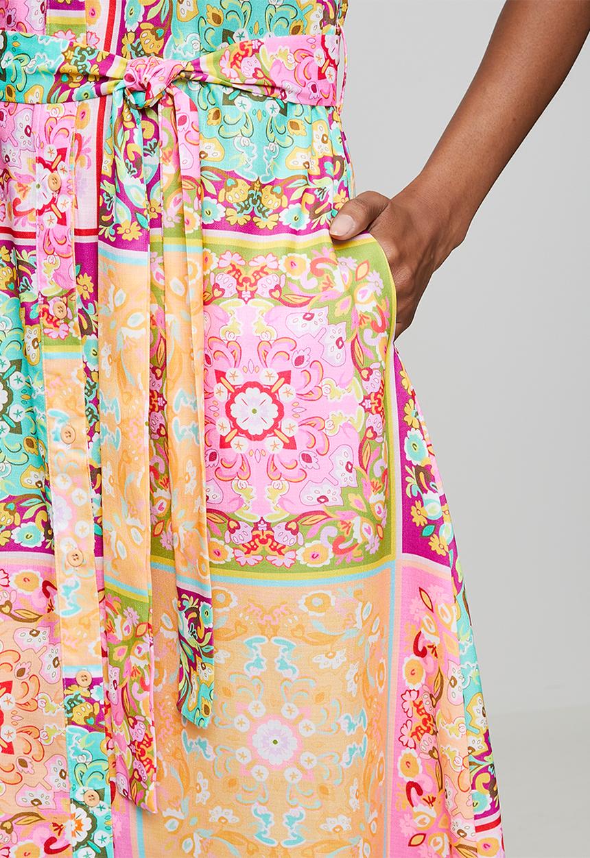 Stella Morgan - Half Sleeve Button Through Maxi A-Line Dress Hankerchief Border Print With Tie Belt - Multi
