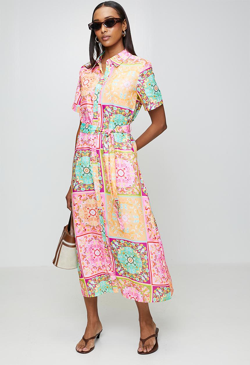 Stella Morgan - Half Sleeve Button Through Maxi A-Line Dress Hankerchief Border Print With Tie Belt - Multi