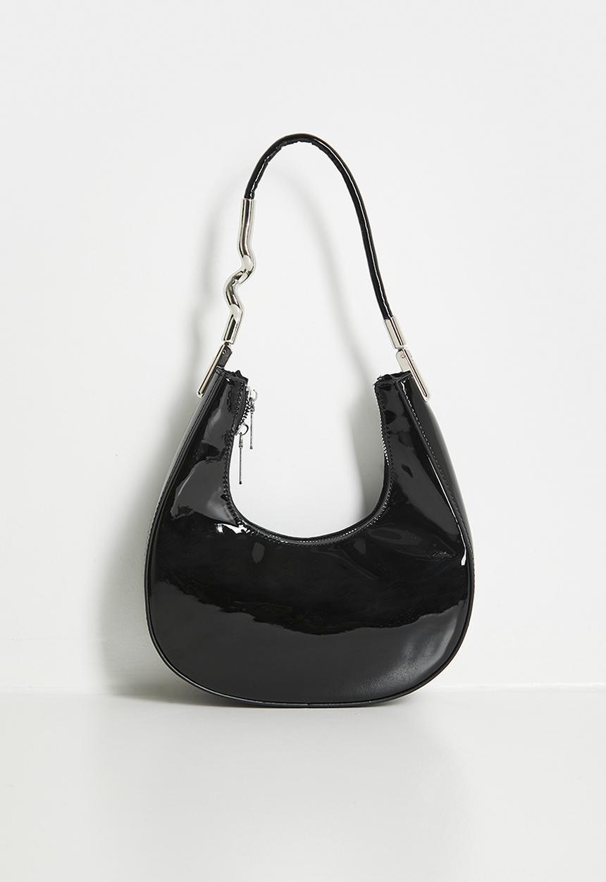 Tessa Design - Hadley Patent Shoulder Bag With Silver Sculptural Handle - Black