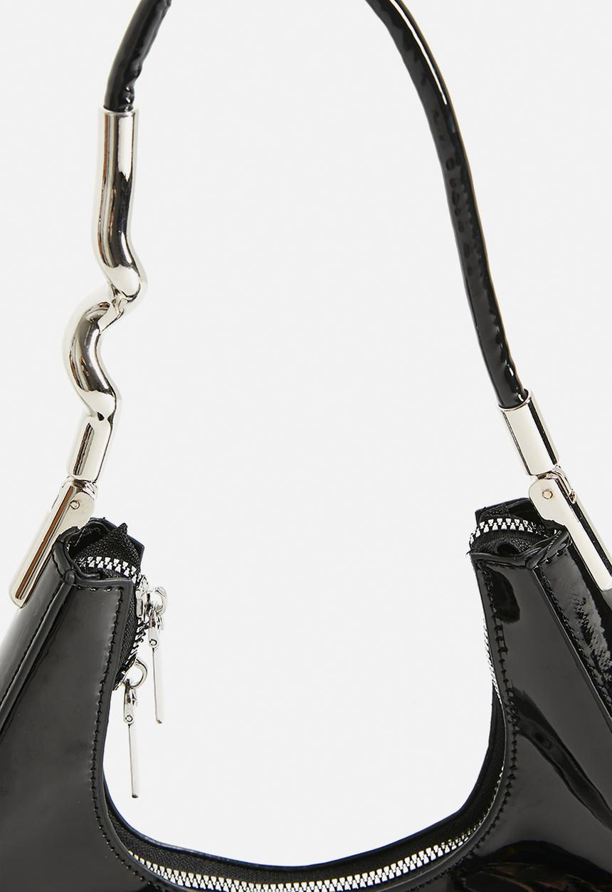 Tessa Design - Hadley Patent Shoulder Bag With Silver Sculptural Handle - Black