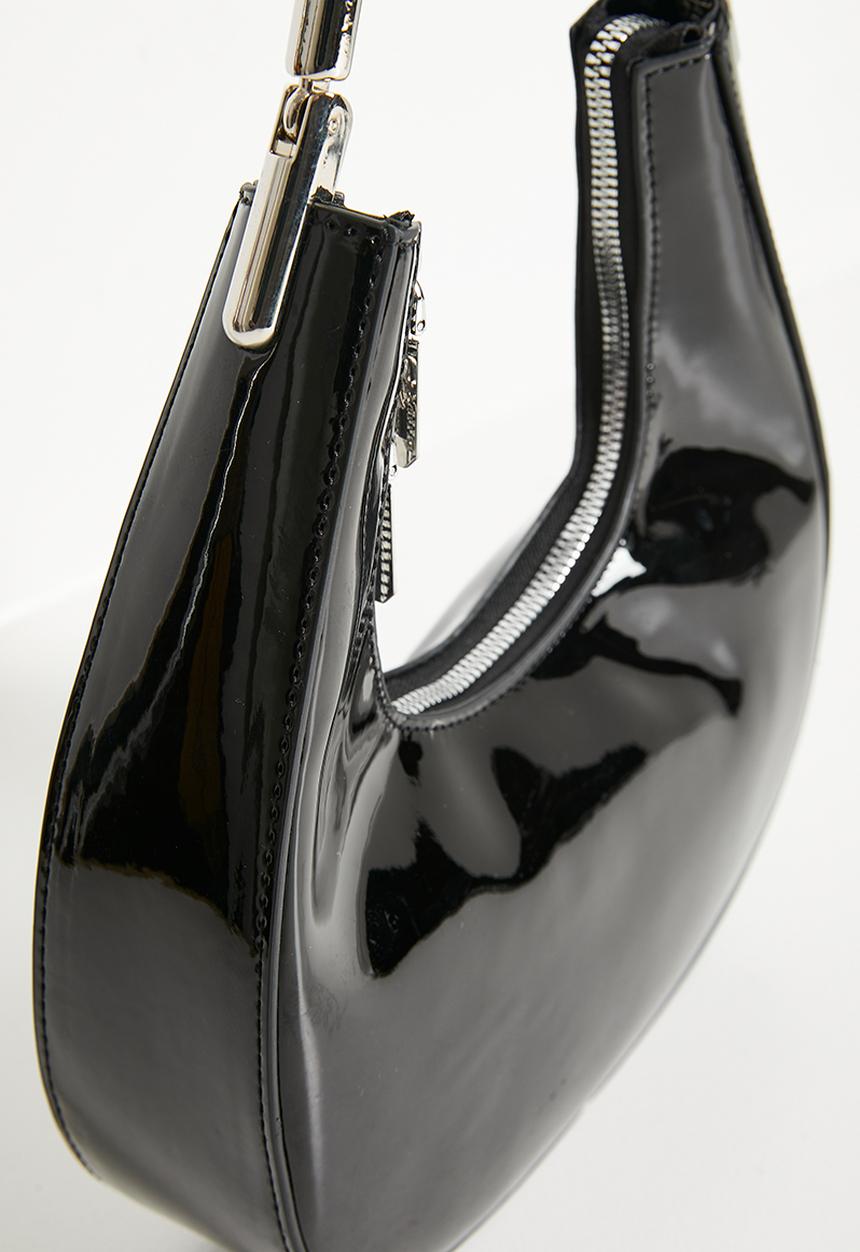 Tessa Design - Hadley Patent Shoulder Bag With Silver Sculptural Handle - Black
