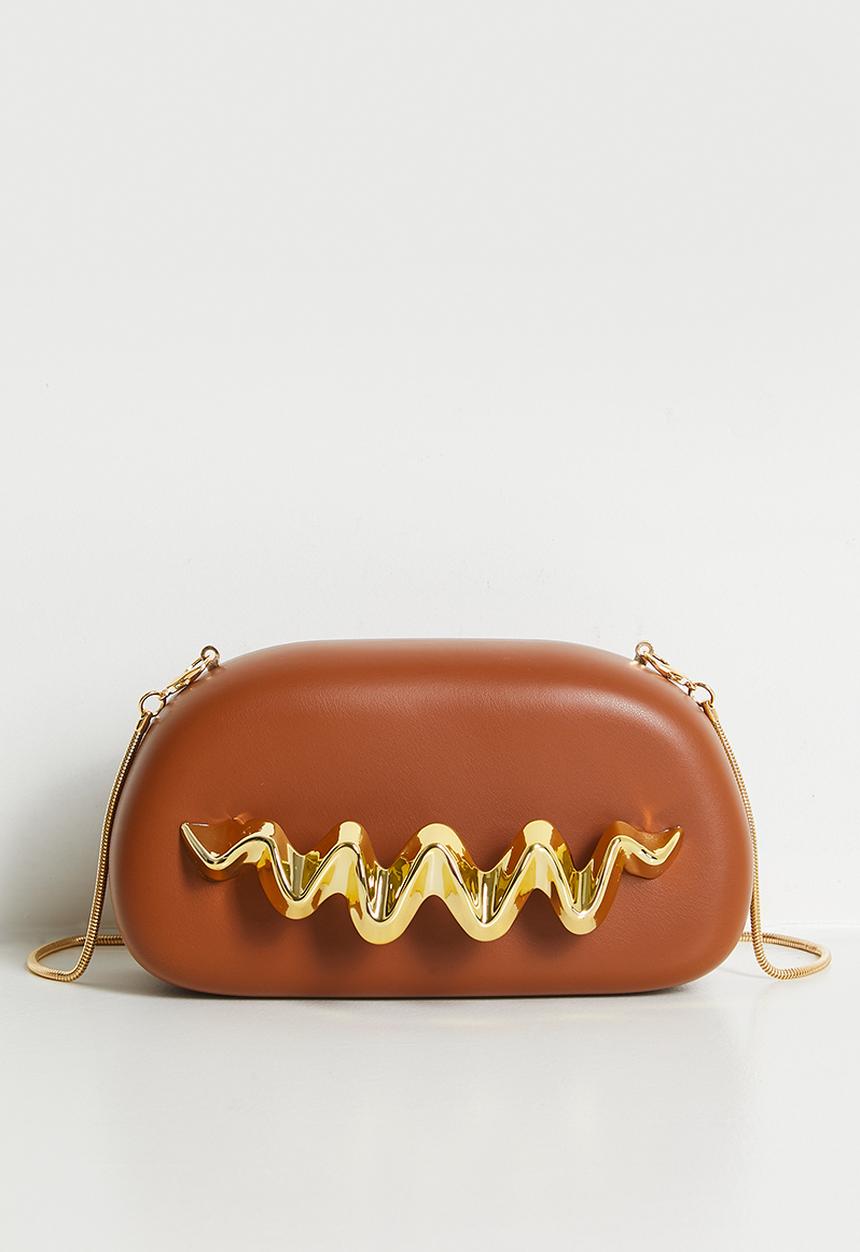 Tessa Design - Gemma Hard Shell Clutch With Gold Wave - Brown