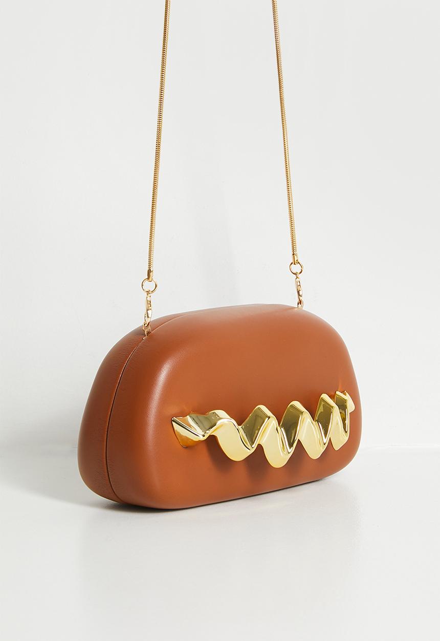 Tessa Design - Gemma Hard Shell Clutch With Gold Wave - Brown