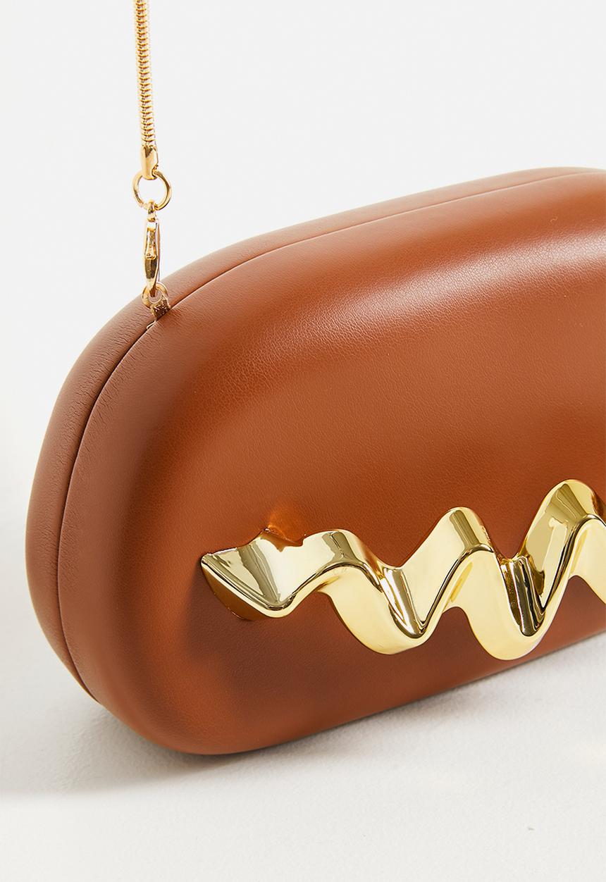 Tessa Design - Gemma Hard Shell Clutch With Gold Wave - Brown