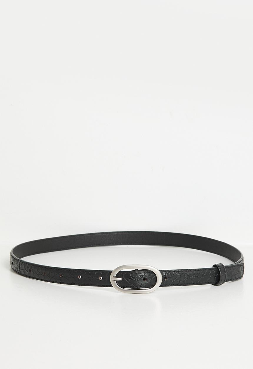 Tessa Design - Korrine Slim Croc Embossed Belt With Oval Silver Buckle- Black
