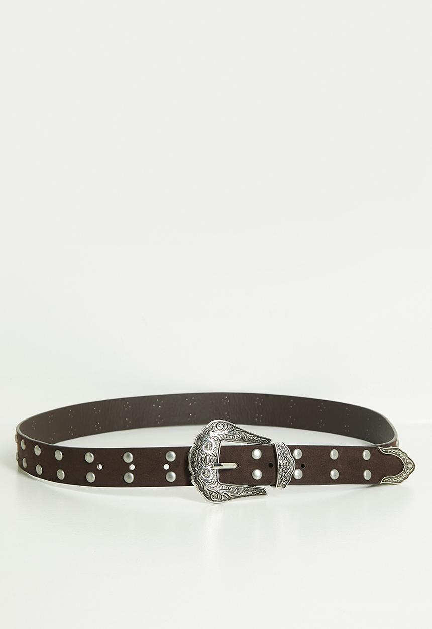 Tessa Design - Koa Studded Belt With Western Silver Buckle- Brown