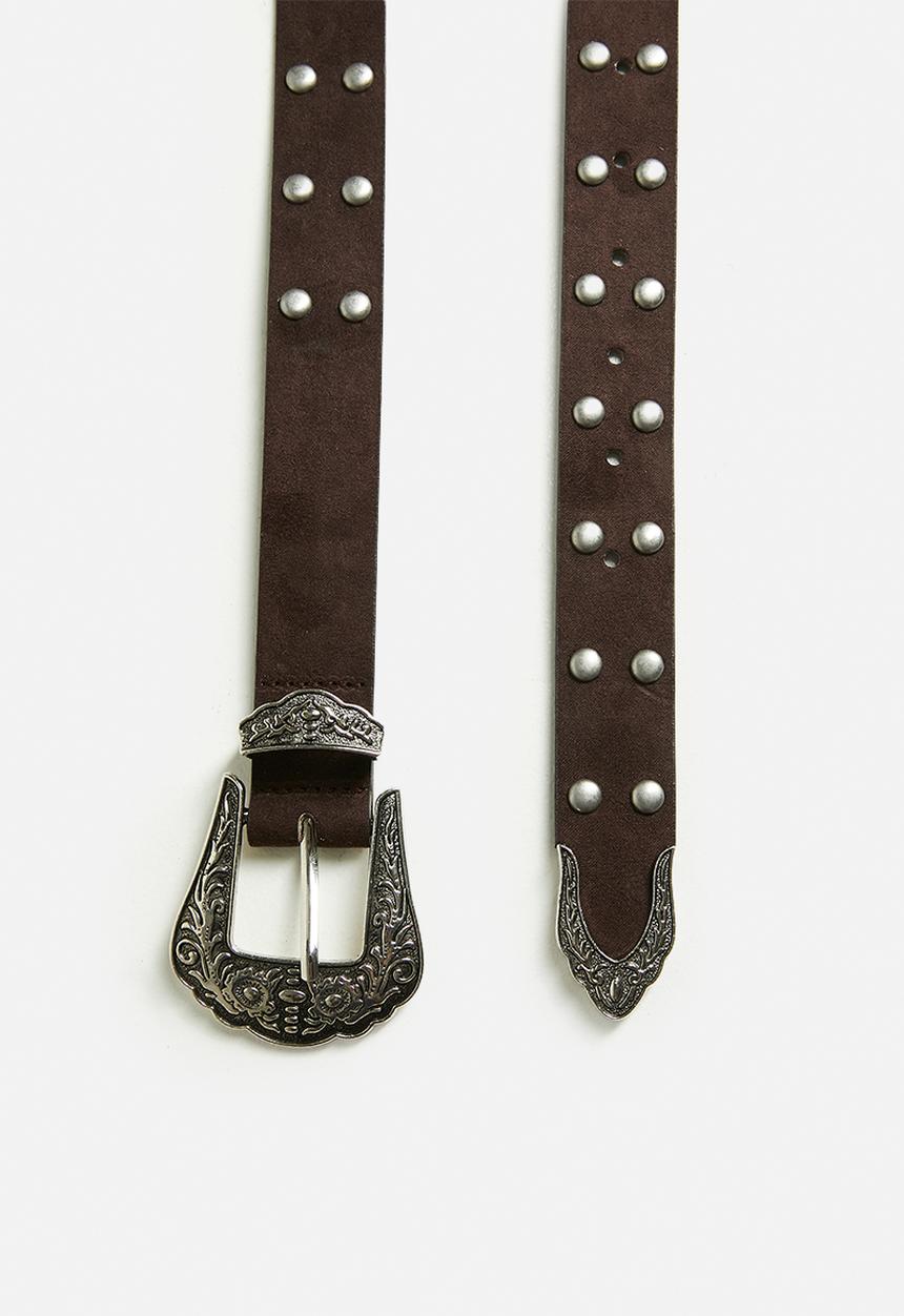 Tessa Design - Koa Studded Belt With Western Silver Buckle- Brown
