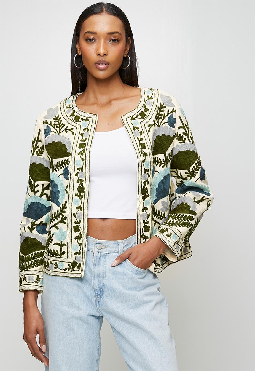 Izabel London - Long sleeve Collarless Embroidered Jacket - Green