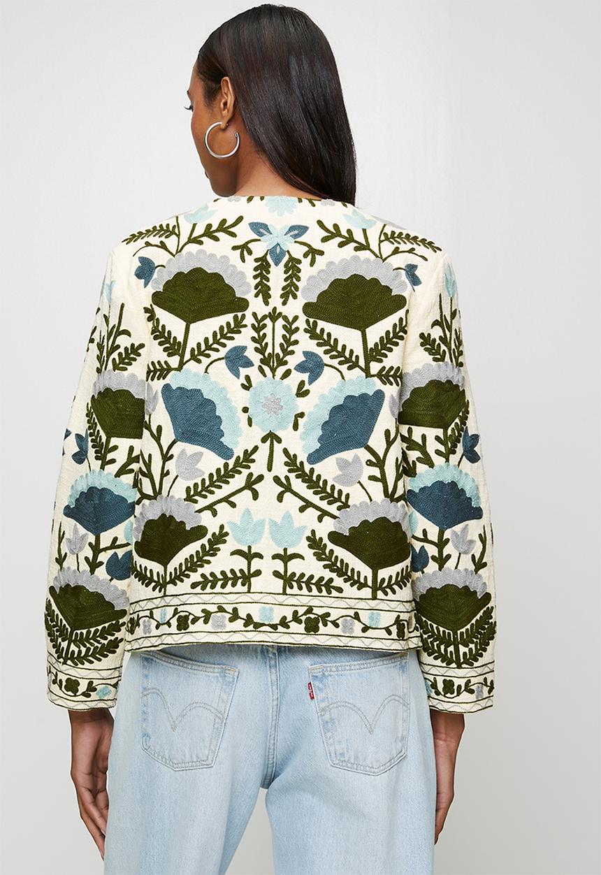 Izabel London - Long sleeve Collarless Embroidered Jacket - Green
