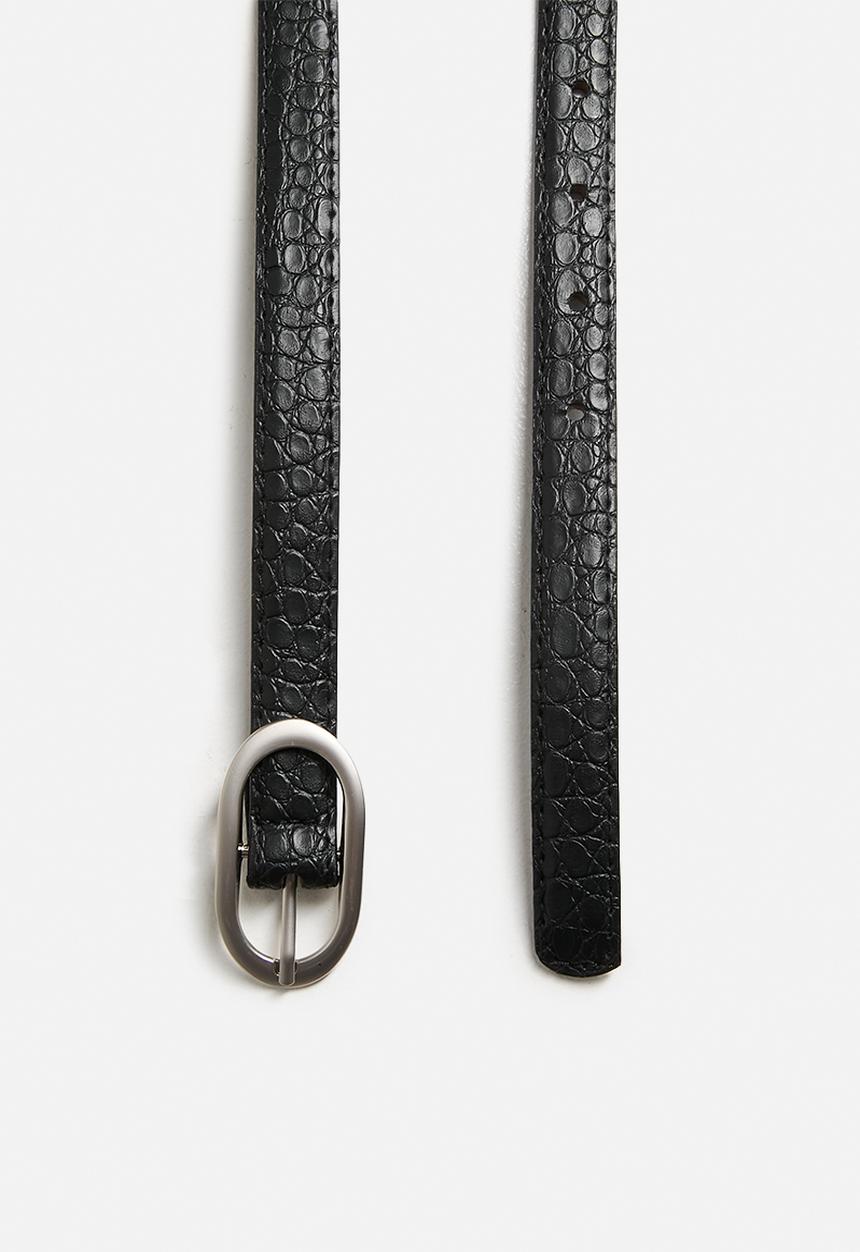 Tessa Design - Korrine Slim Croc Embossed Belt With Oval Silver Buckle- Black