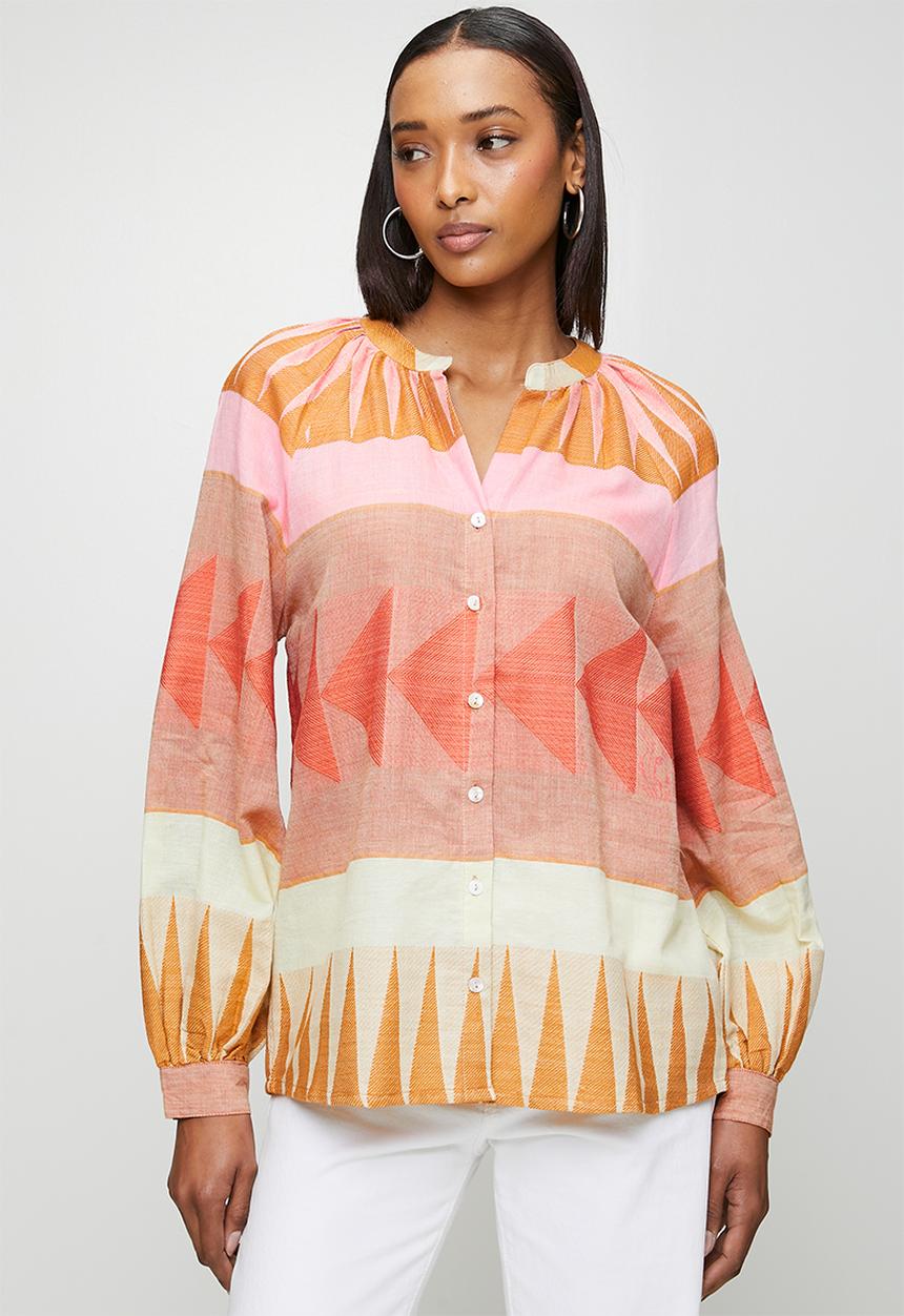 Izabel London - Long sleeve Key Hole Button Through Blouse - multi