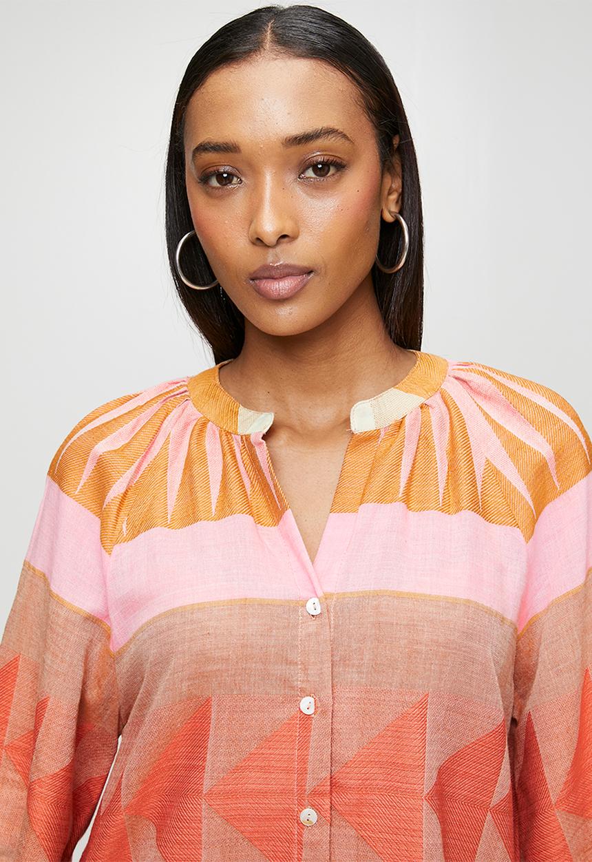 Izabel London - Long sleeve Key Hole Button Through Blouse - multi