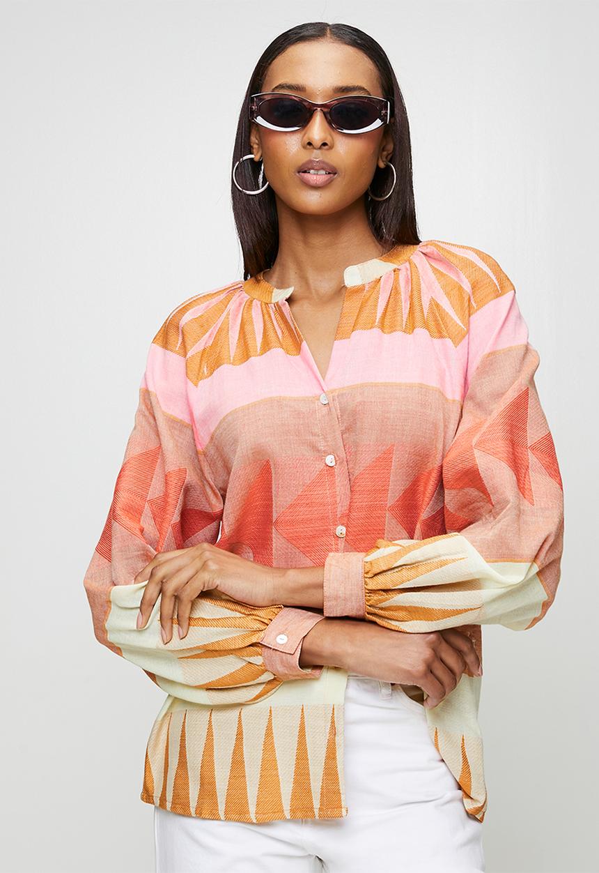 Izabel London - Long sleeve Key Hole Button Through Blouse - multi