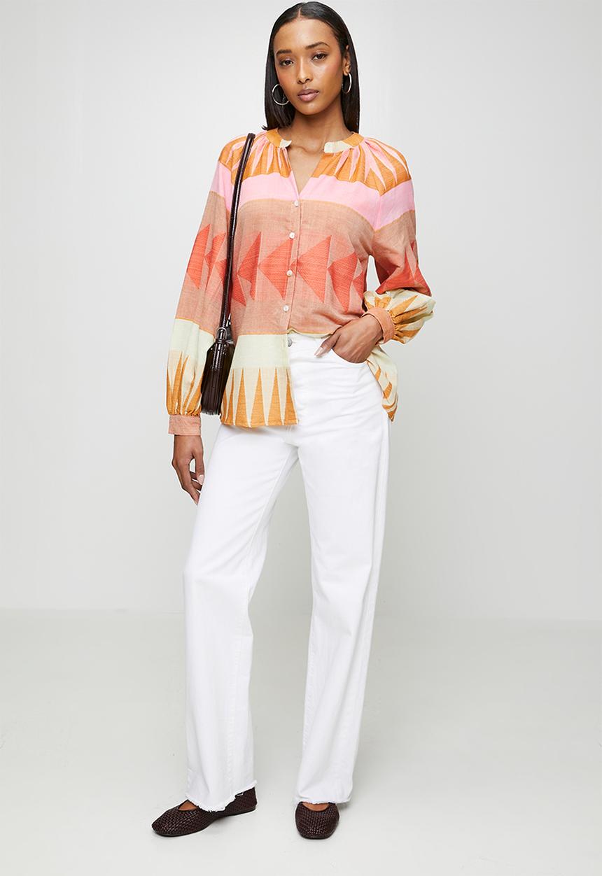 Izabel London - Long sleeve Key Hole Button Through Blouse - multi