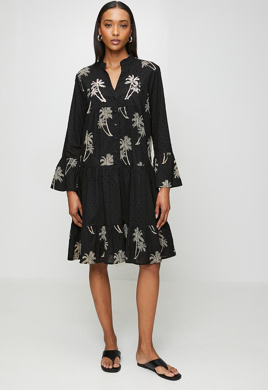 Izabel London - Sleeve With Flutter Key Hole Neck Button Through Tiered Midi Dress - Black