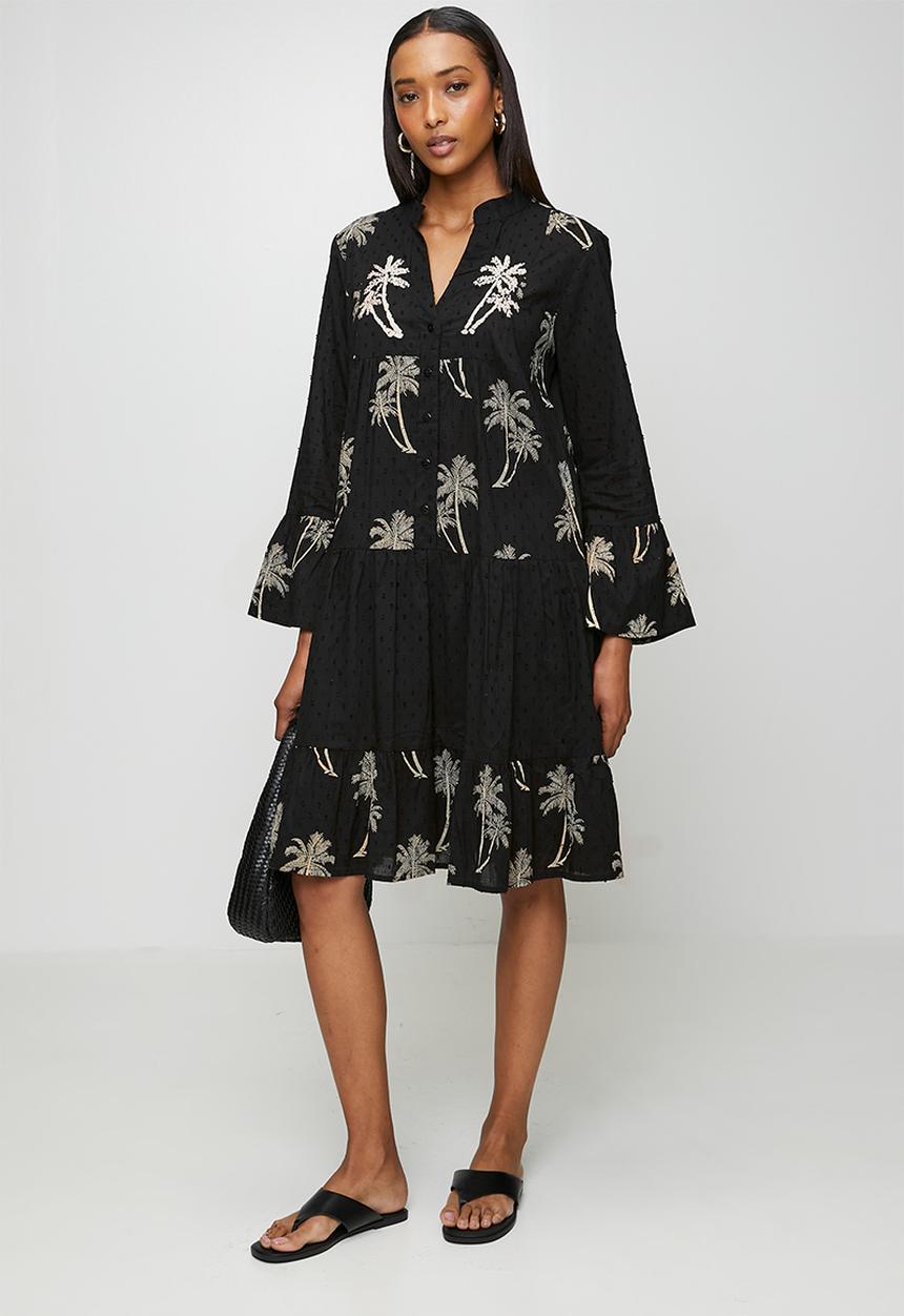 Izabel London - Sleeve With Flutter Key Hole Neck Button Through Tiered Midi Dress - Black