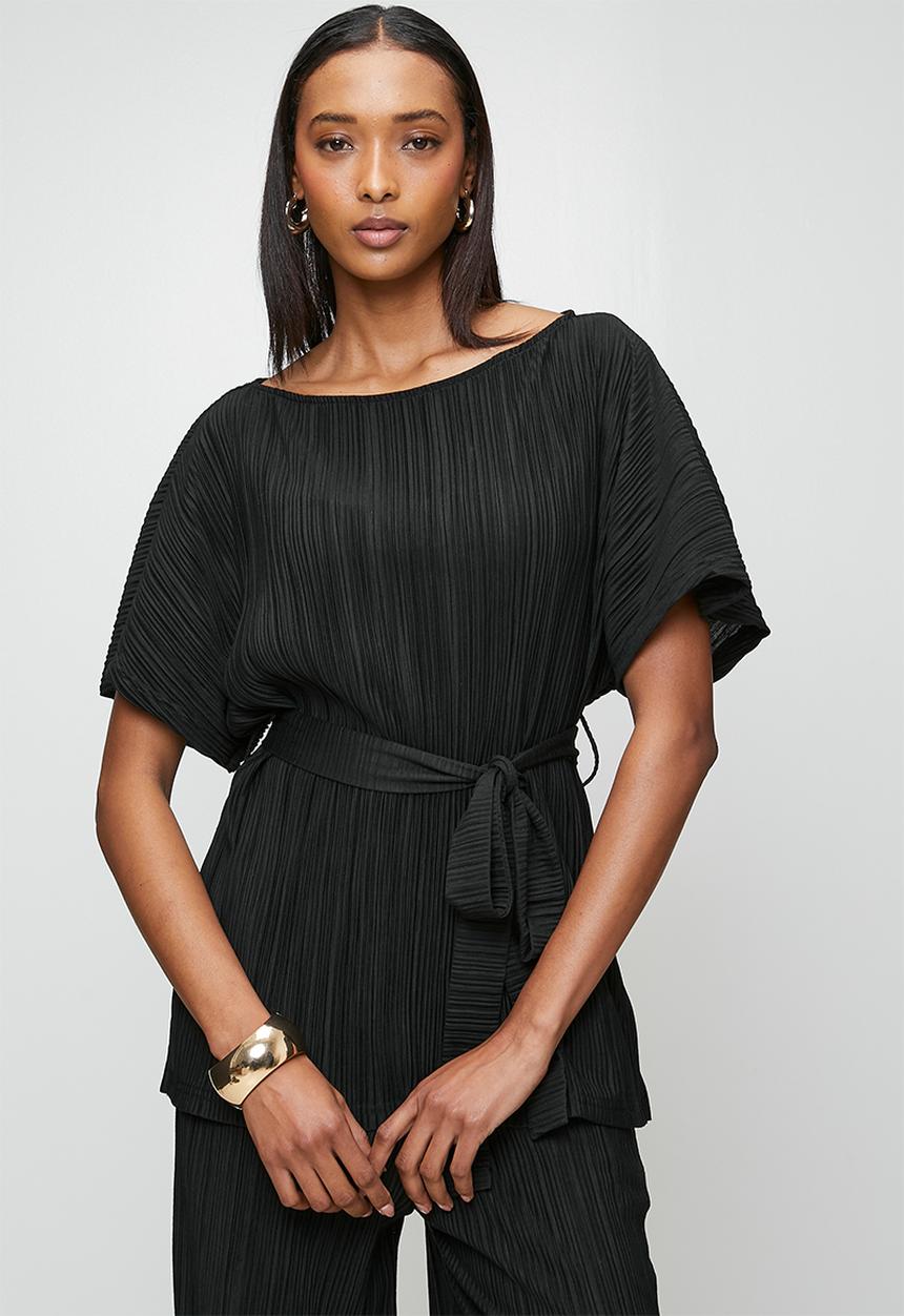 Me&B - Kimono Sleeve Plisse Top With Sash - Black