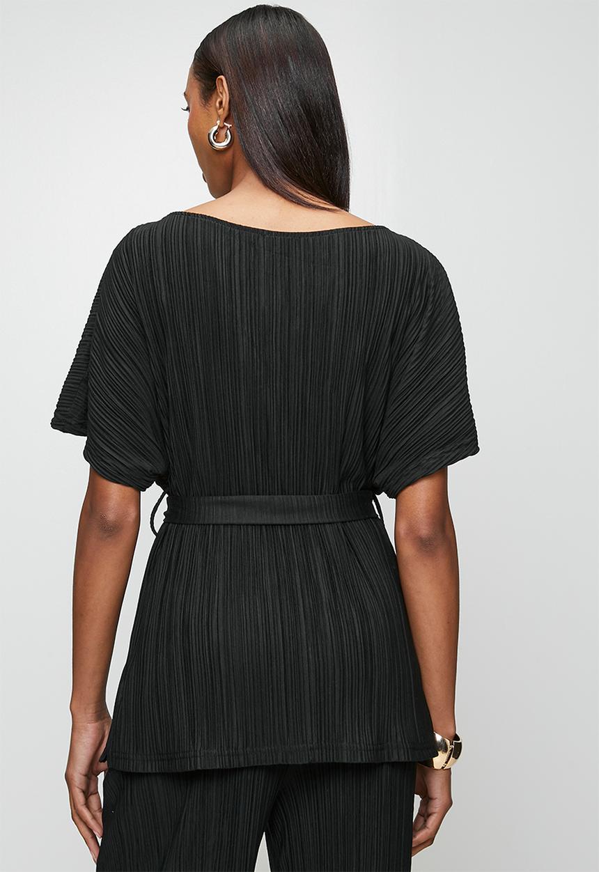 Me&B - Kimono Sleeve Plisse Top With Sash - Black