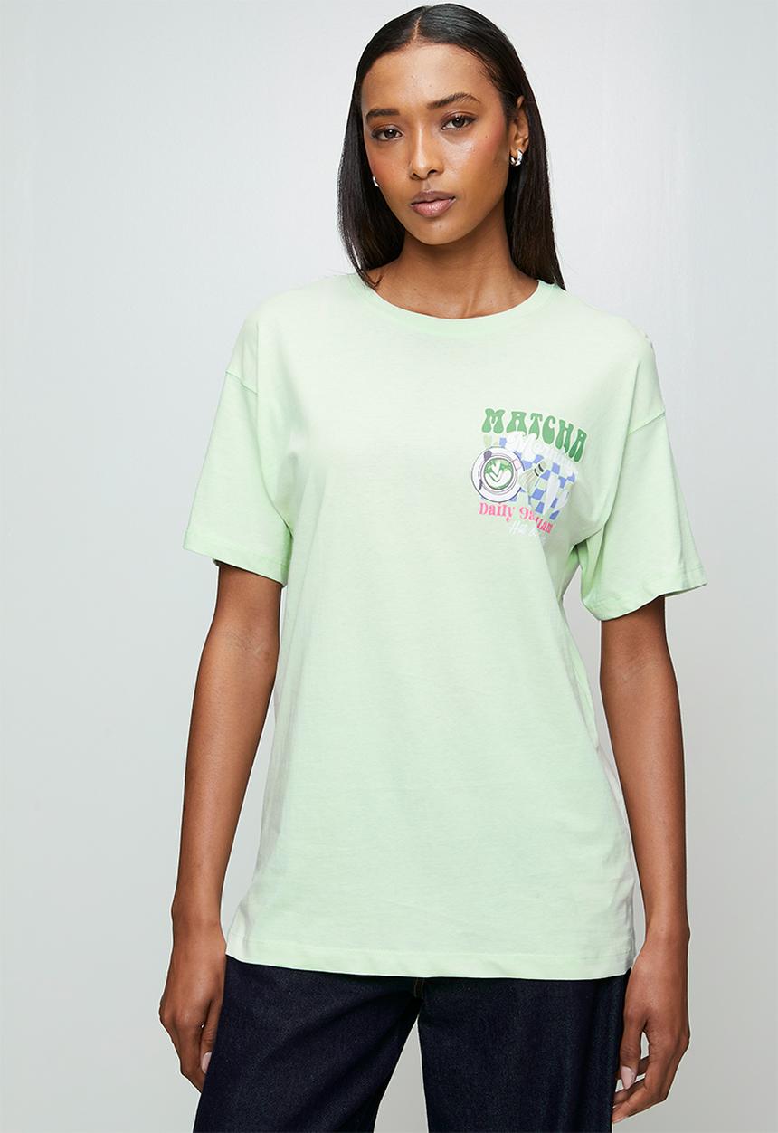 Brave Soul - Ladies Over Sized 'Matcha Graphic T-Shirt - Light Green