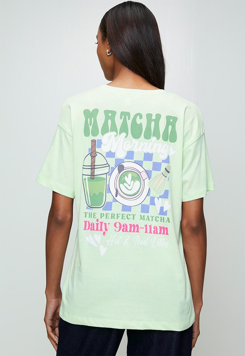 Brave Soul - Ladies Over Sized 'Matcha Graphic T-Shirt - Light Green