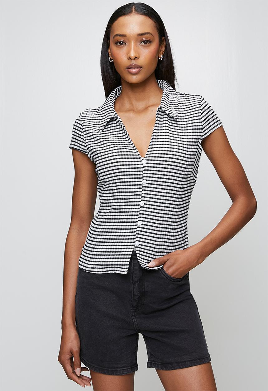 Brave Soul - Ladies Short Sleeve Ginham Collared Top - Black/White