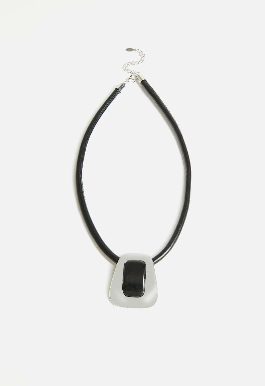 Tessa Design - Opal Gemstone And Metal Pendant Cord Necklace - Silver/Black