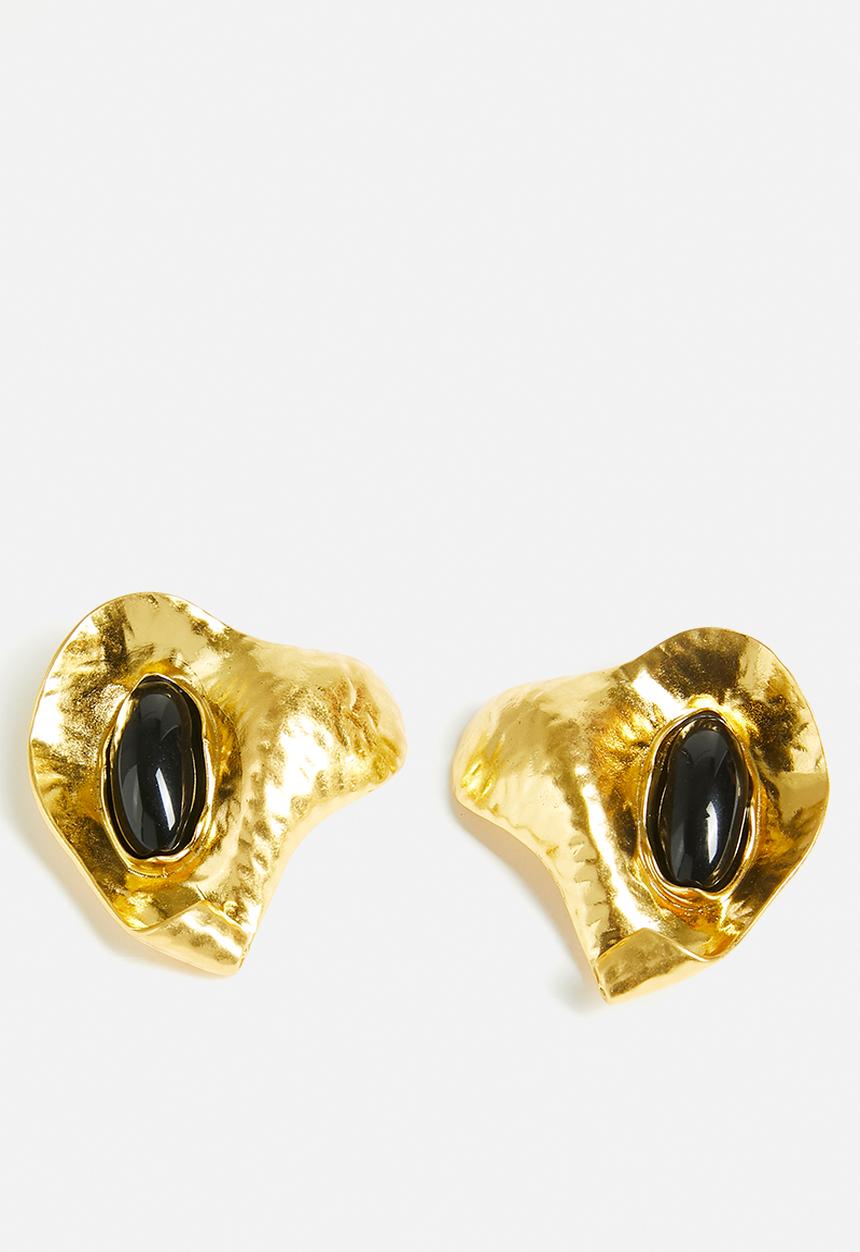 Tessa Design - Veda Abstract Hammered Metal With Gemstone Earrings-Gold