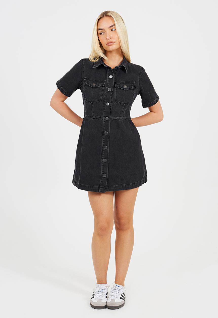 Brave Soul - Ladies Button Down Collared Short Sleeve Denim Dress - Black