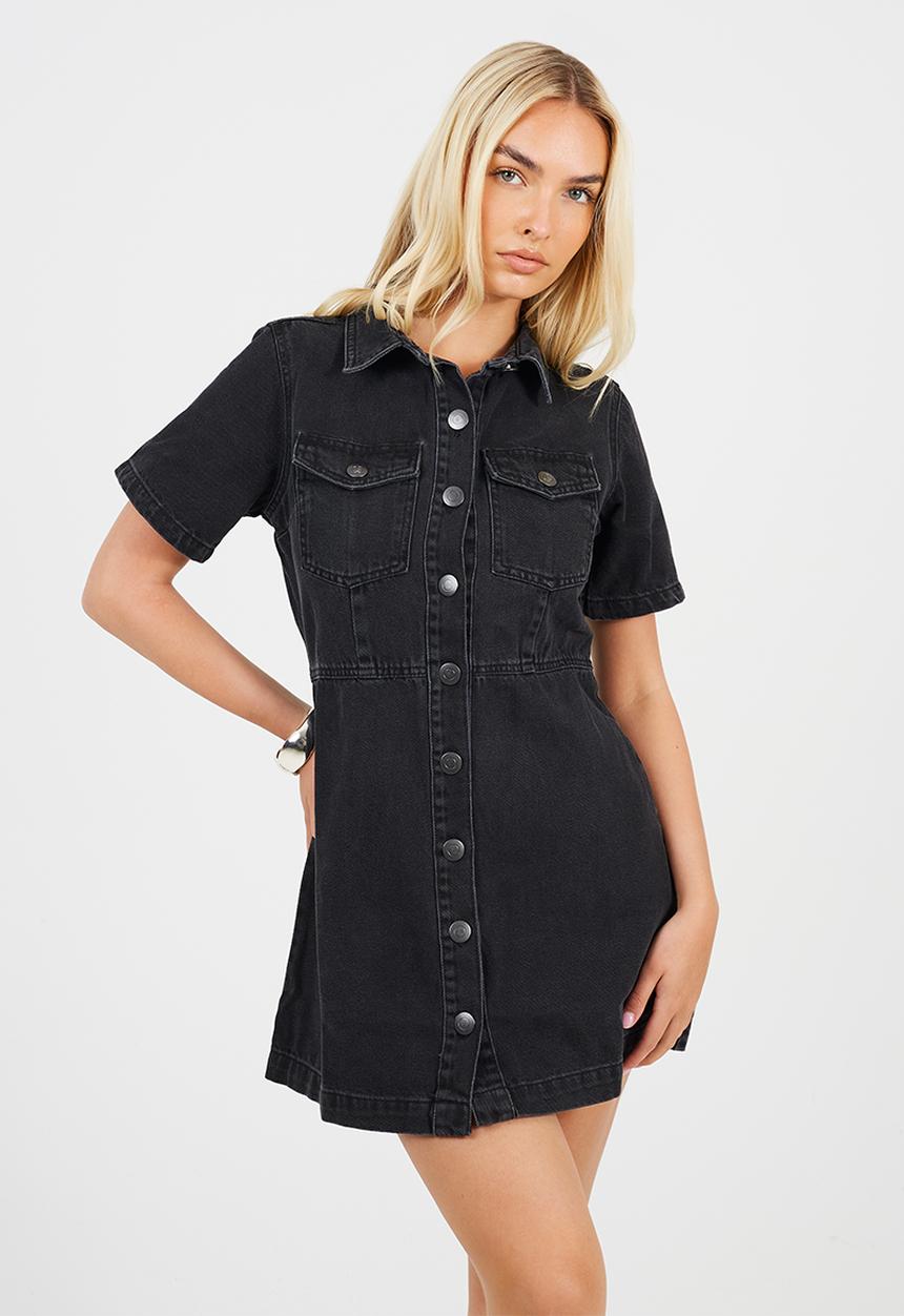 Brave Soul - Ladies Button Down Collared Short Sleeve Denim Dress - Black