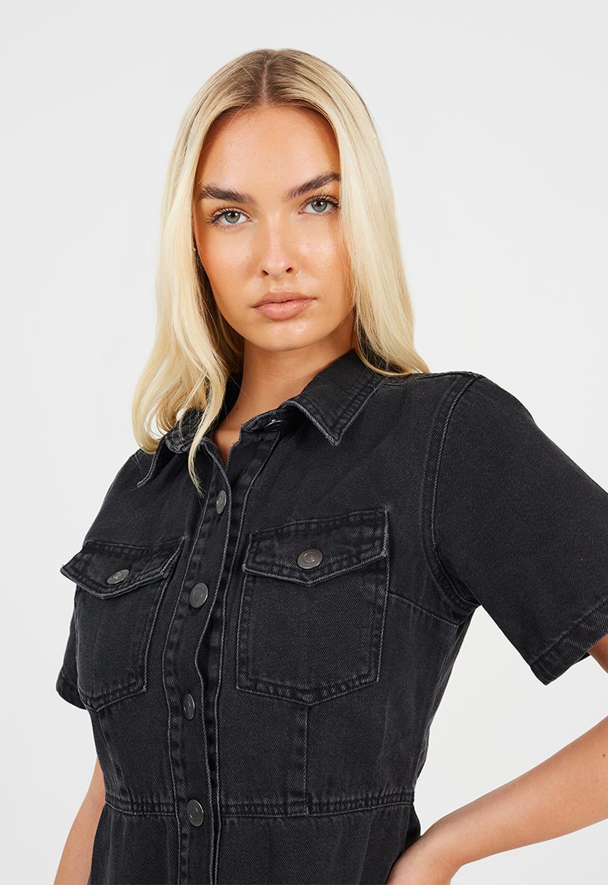 Brave Soul - Ladies Button Down Collared Short Sleeve Denim Dress - Black