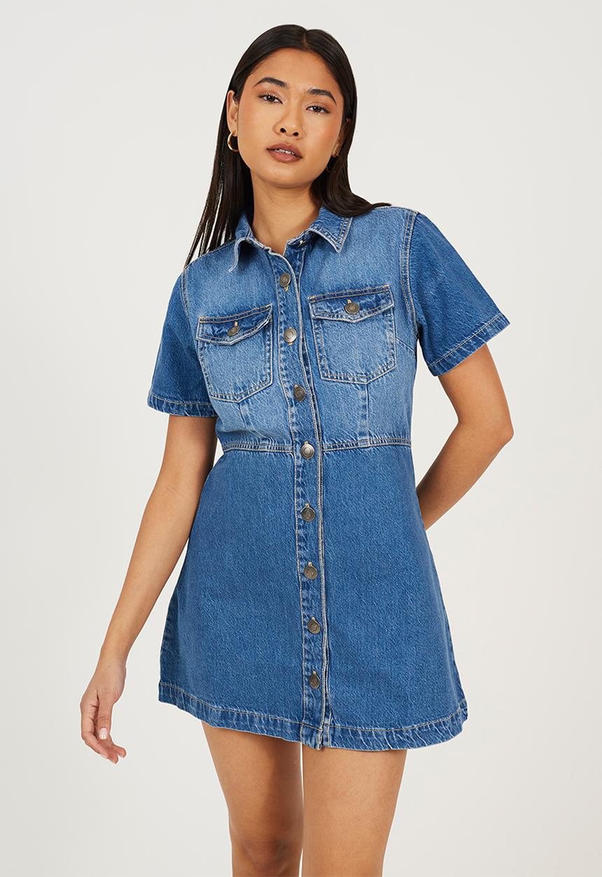 Brave Soul - Ladies Button Down Collared Short Sleeve Denim Dress - Blue