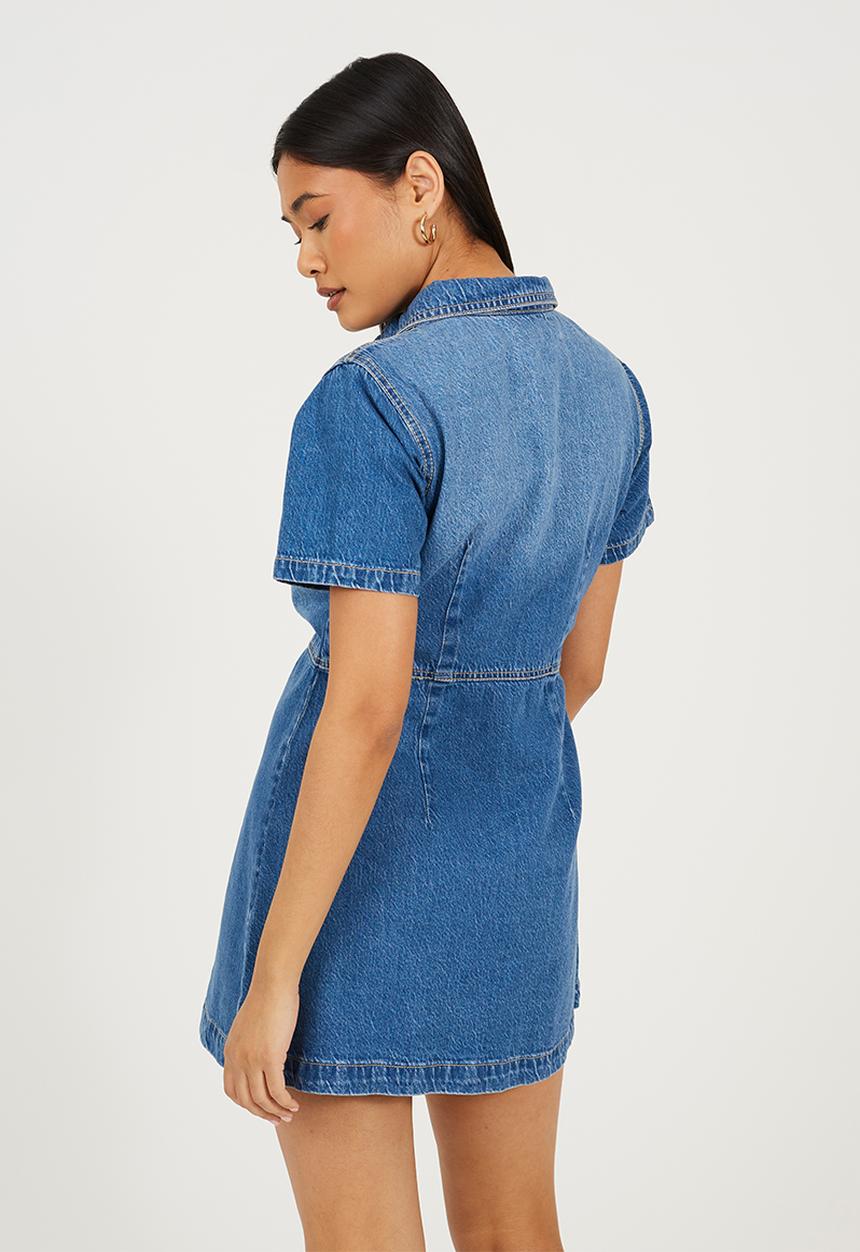 Brave Soul - Ladies Button Down Collared Short Sleeve Denim Dress - Blue