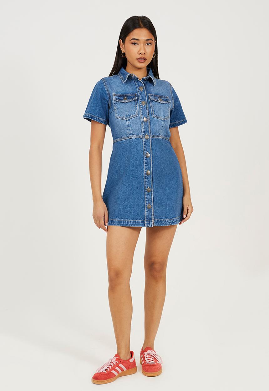 Brave Soul - Ladies Button Down Collared Short Sleeve Denim Dress - Blue