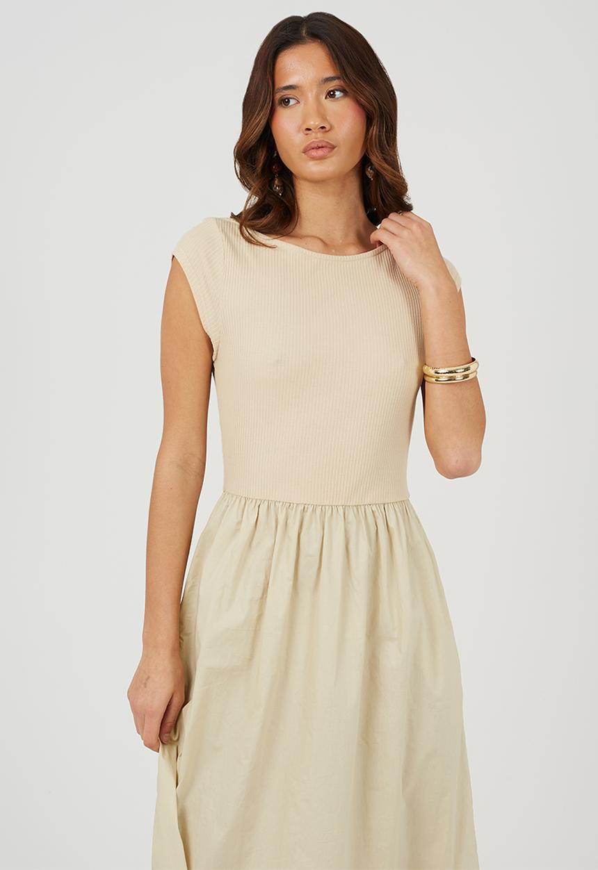 Brave Soul - Ladies Midi Ribbed Jersey And Poplin Mix Dress - Tofu