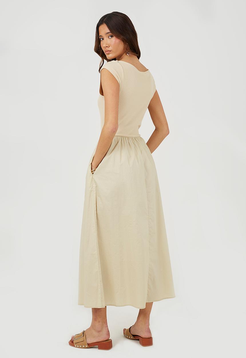 Brave Soul - Ladies Midi Ribbed Jersey And Poplin Mix Dress - Tofu