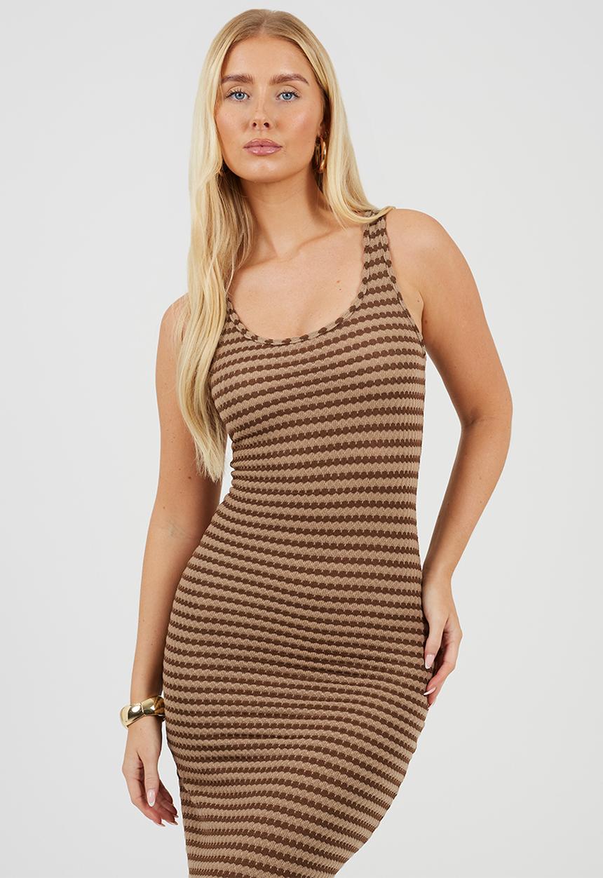 Brave Soul - Ladies Strappy Striped Textured Jersey Midi Dress - Light Brown