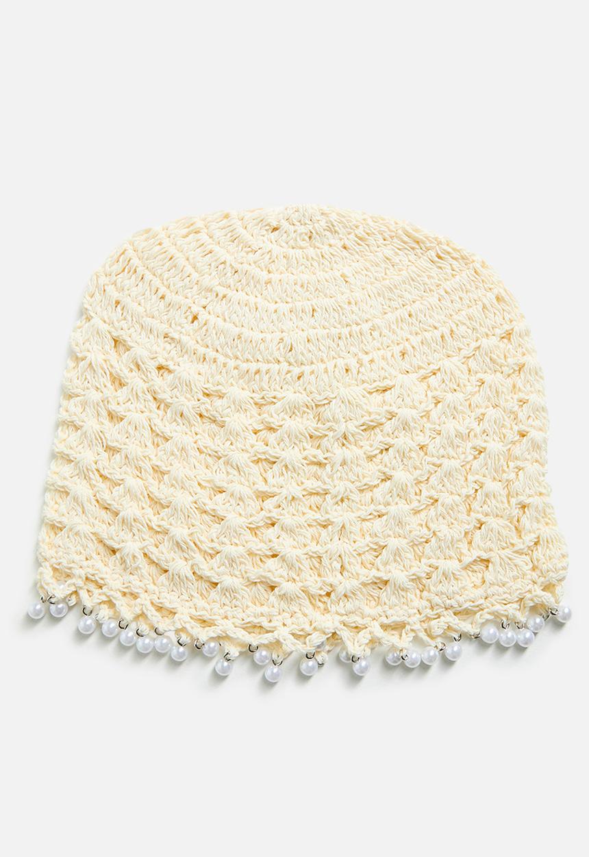 Tessa Design - Nevaeh Crochet Beanie With Silver Beaded Trim-Cream