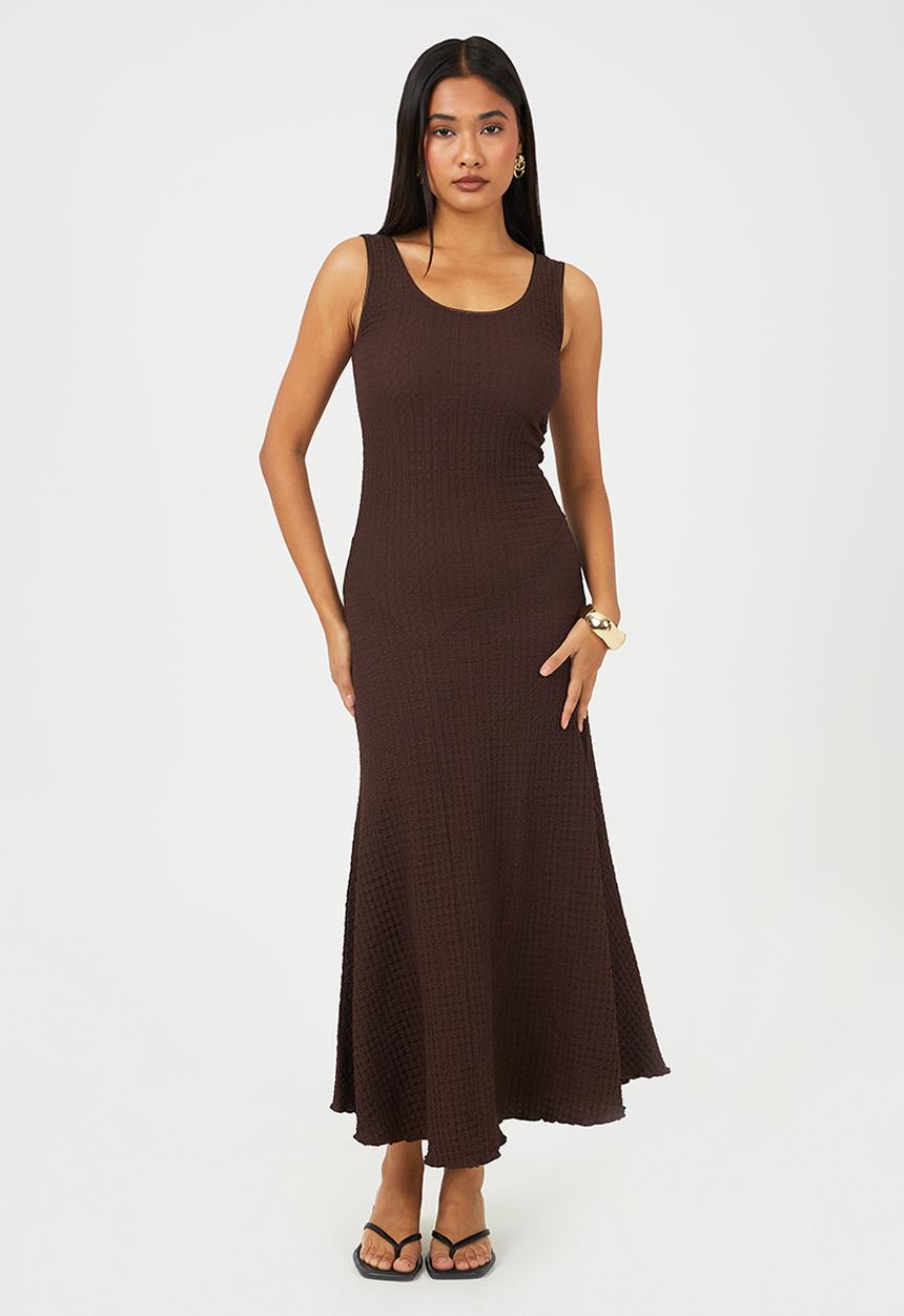 Brave Soul - Ladies Strappy Textured Jersey Lace Maxi Dress - Dark Brown